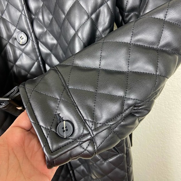 NEW Topshop Quinn Quilted Trench Jacket Black Faux Leather Belted Puffer Size 4 - Picture 6 of 9